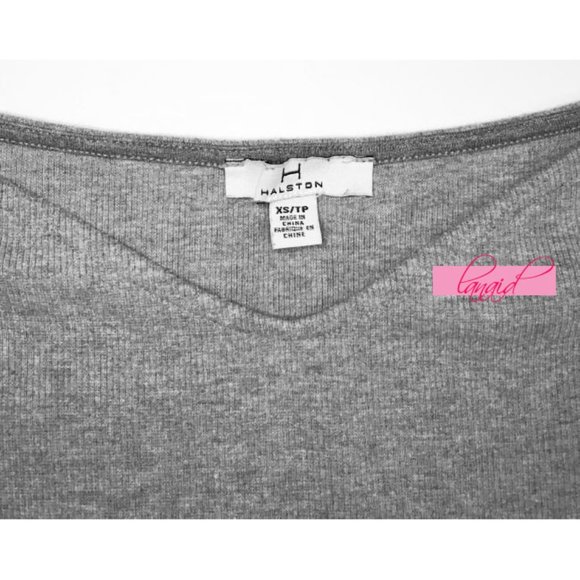Halston Off-The-Shoulder V-Neck Short Sleeve Ribbed Stretchy Heathered Grey Top - Picture 5 of 6